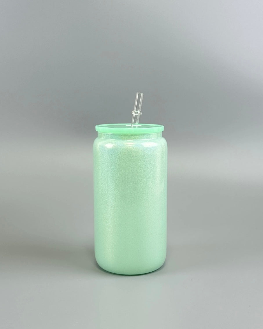 16oz Sublimation Glitter Glass can with Plastic Lid and Staw