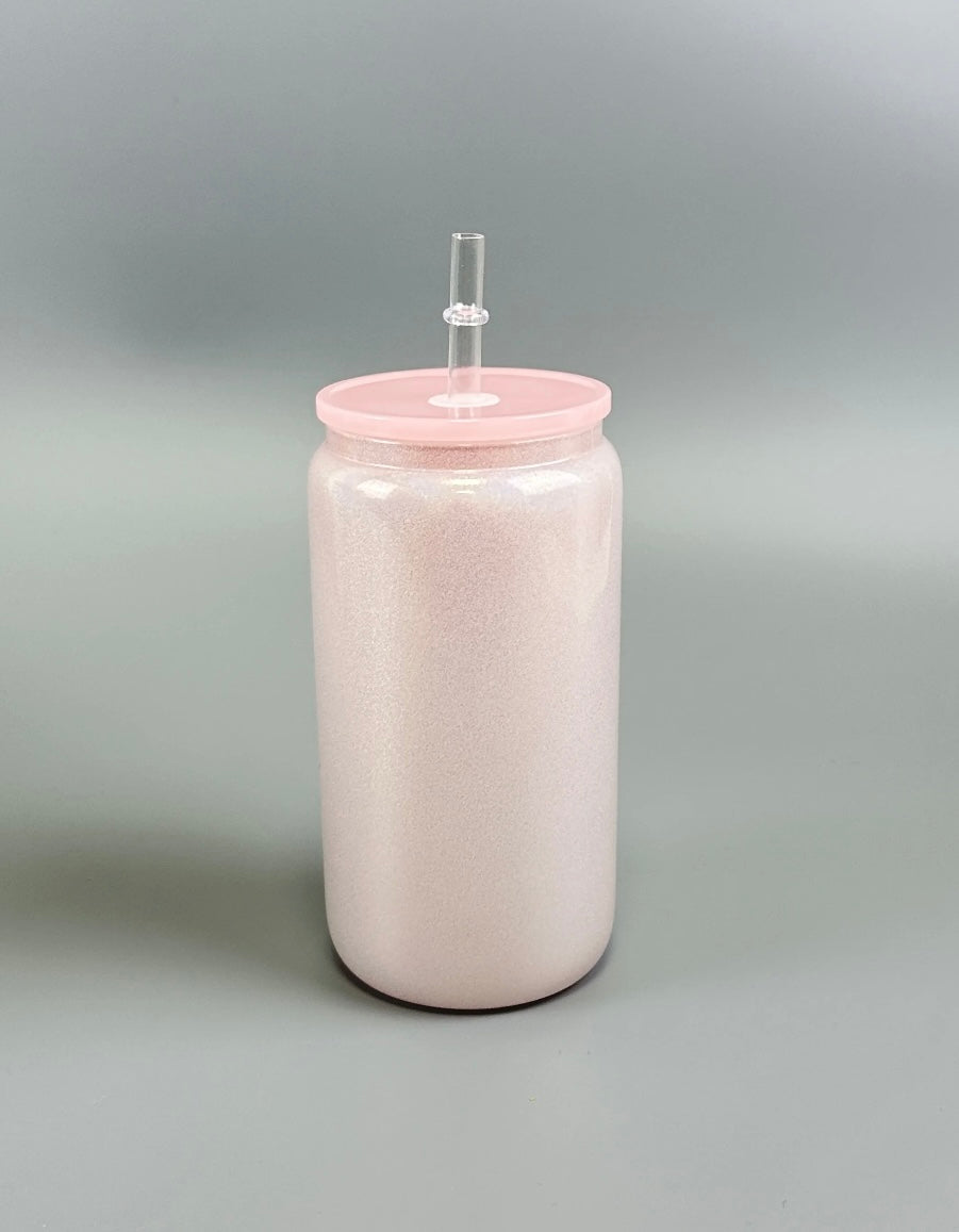 16oz Sublimation Glitter Glass can with Plastic Lid and Staw