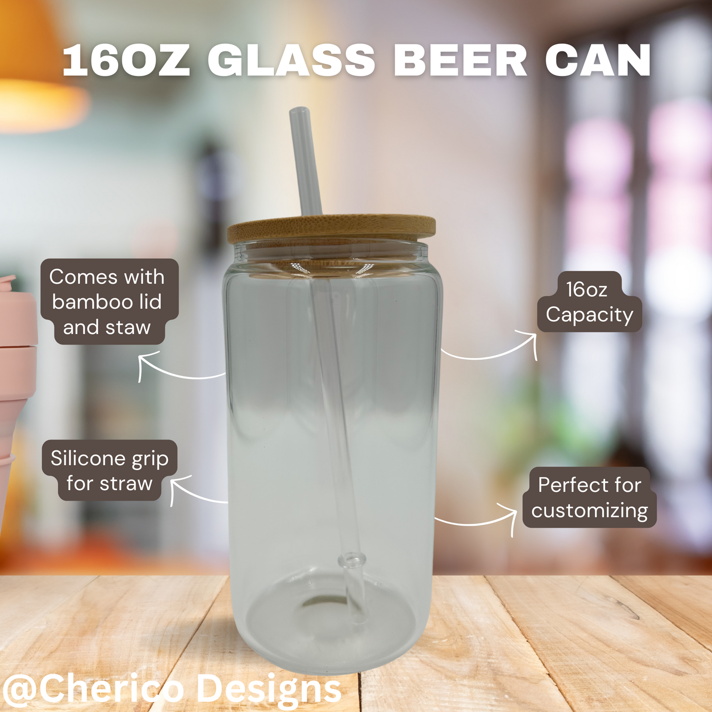 16oz Glass mug/Libbey Sumlimation with Bamboo Lid and Staw