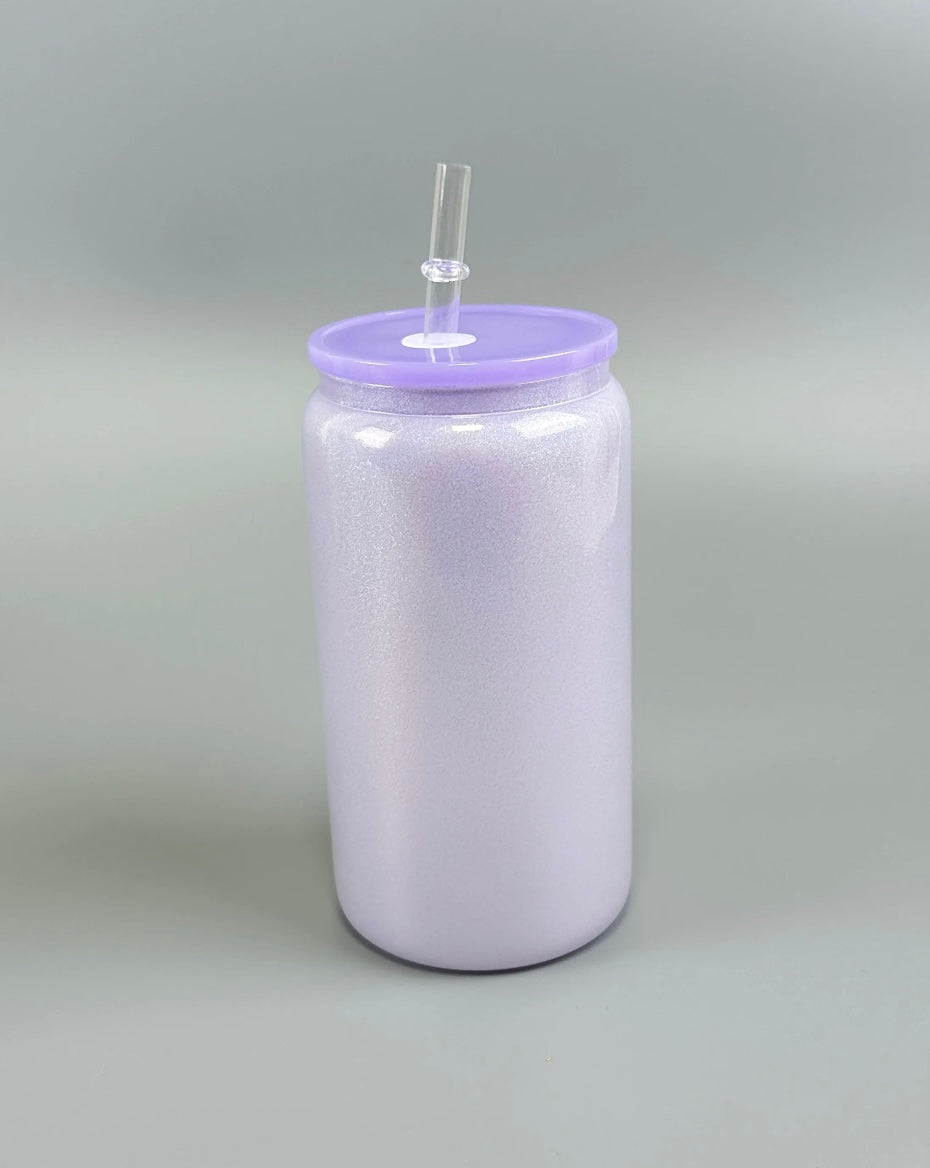 16oz Sublimation Glitter Glass can with Plastic Lid and Staw