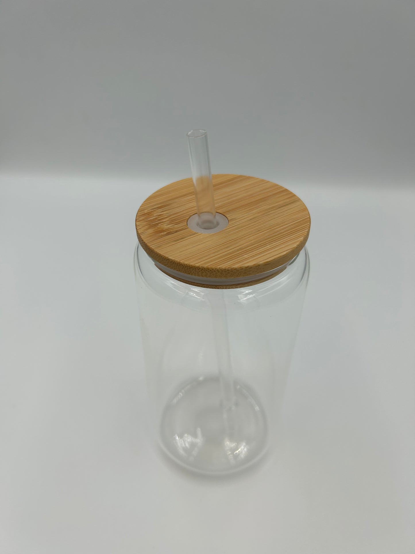 16oz Glass mug/Libbey Sumlimation with Bamboo Lid and Staw