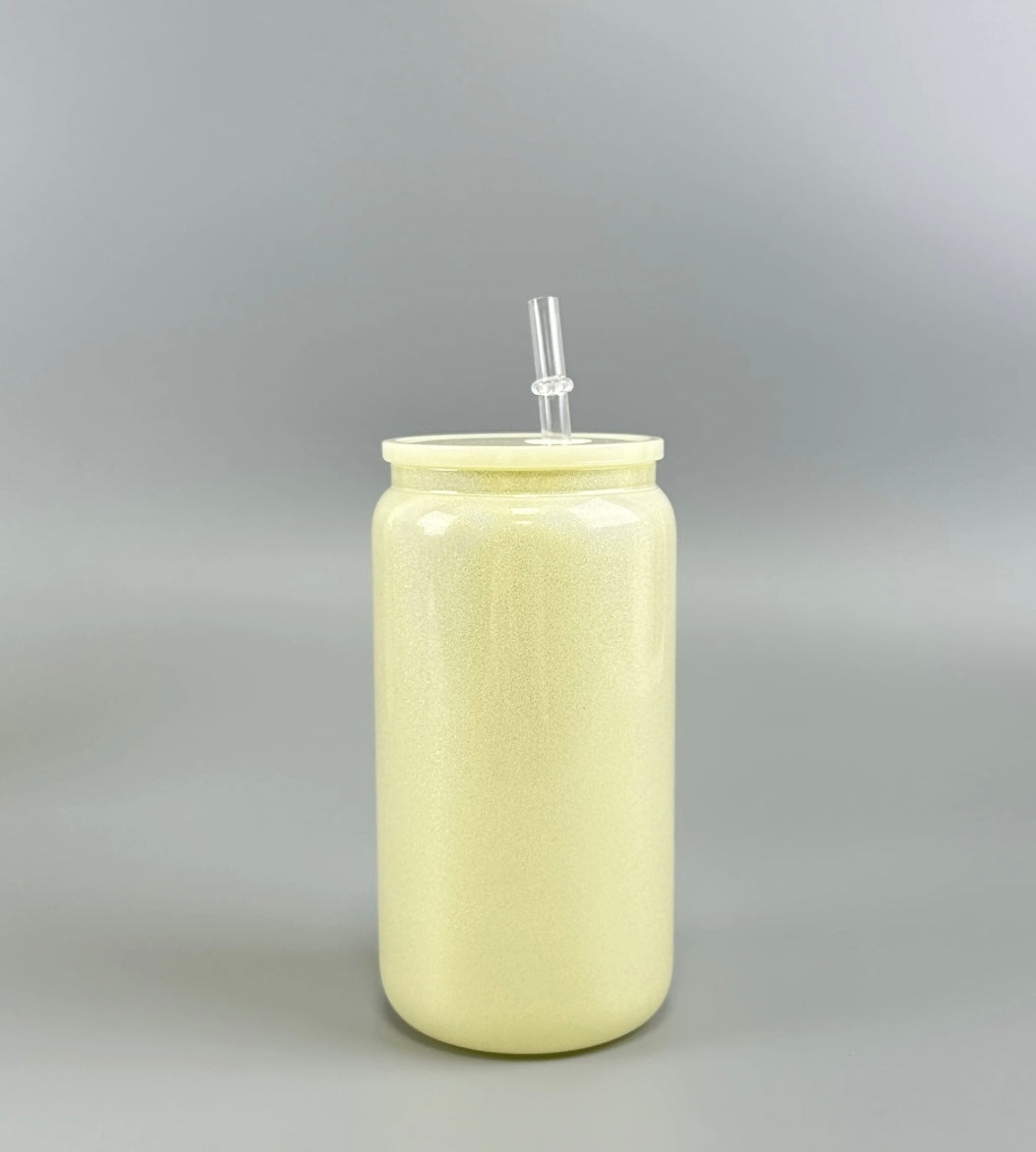 16oz Sublimation Glitter Glass can with Plastic Lid and Staw