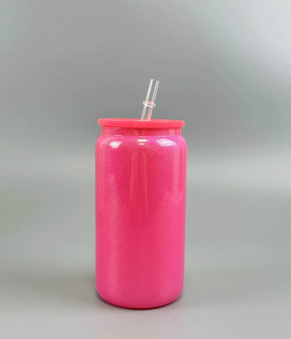 16oz Sublimation Glitter Glass can with Plastic Lid and Staw