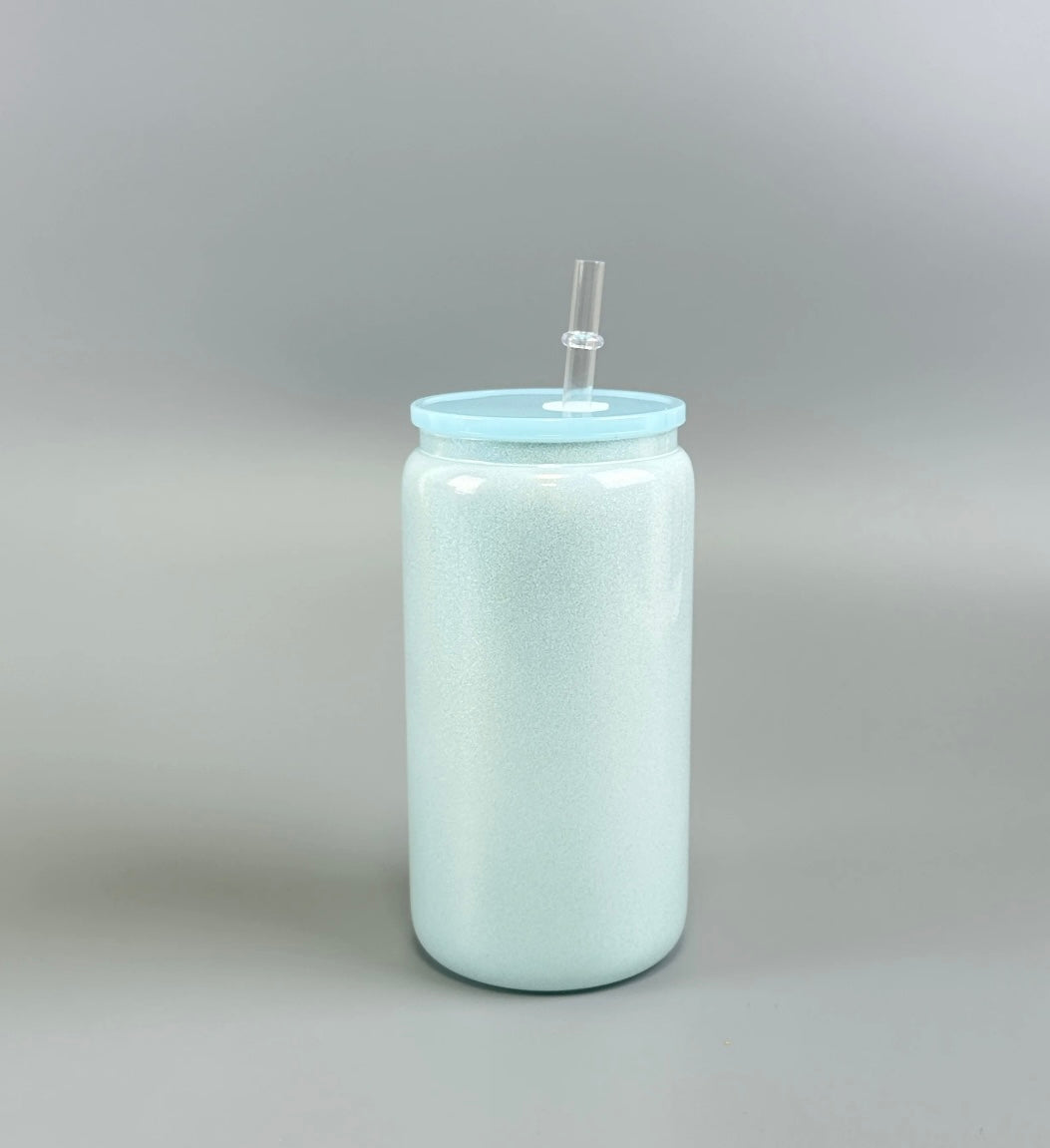 16oz Sublimation Glitter Glass can with Plastic Lid and Staw